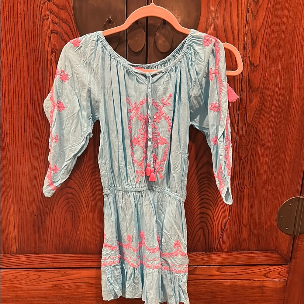 Blue and Pink Embroidered Kids Dress
